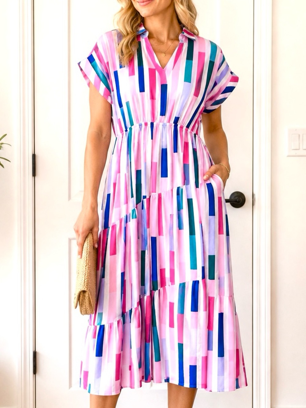 Entro Pink Multi-Stripe V-Neck Midi Dress